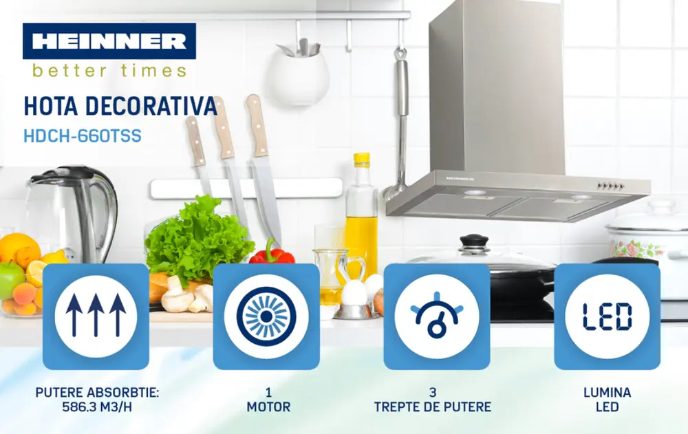 HOTA INCORPORABILA DECORATIVA HEINNER HDCH-660TSS, 60 CM,1 MOTOR, PUTERE DE ABSORBTIE 586.3 M3/H, LUMINA LED, 3 TREPTE DE VITEZA, CLASA B, INOX