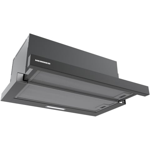 Electrocasnice & Climatizare - Hota telescopica Heinner HTCH-MD600GBK, 60cm, 630 m3/h, 2 trepte de viteza, motor: 1 x 215w, lumina led: 1 x 1.5w, 2 filtre aluminiu, diametru tub de evacuare: 150 mm, negru+sticla