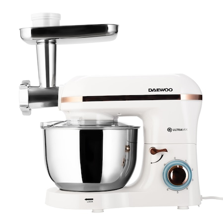 Electrocasnice & Climatizare - Mixer cu bol Daewoo DHM200MGW, 2000W, capacitate bol 5.5l, accesoriu masina de tocat, capacitate de tocare 1.2 kg/min, 3 discuri de taiere din inox, tel, carlig framantare, palete amestecare, Alb