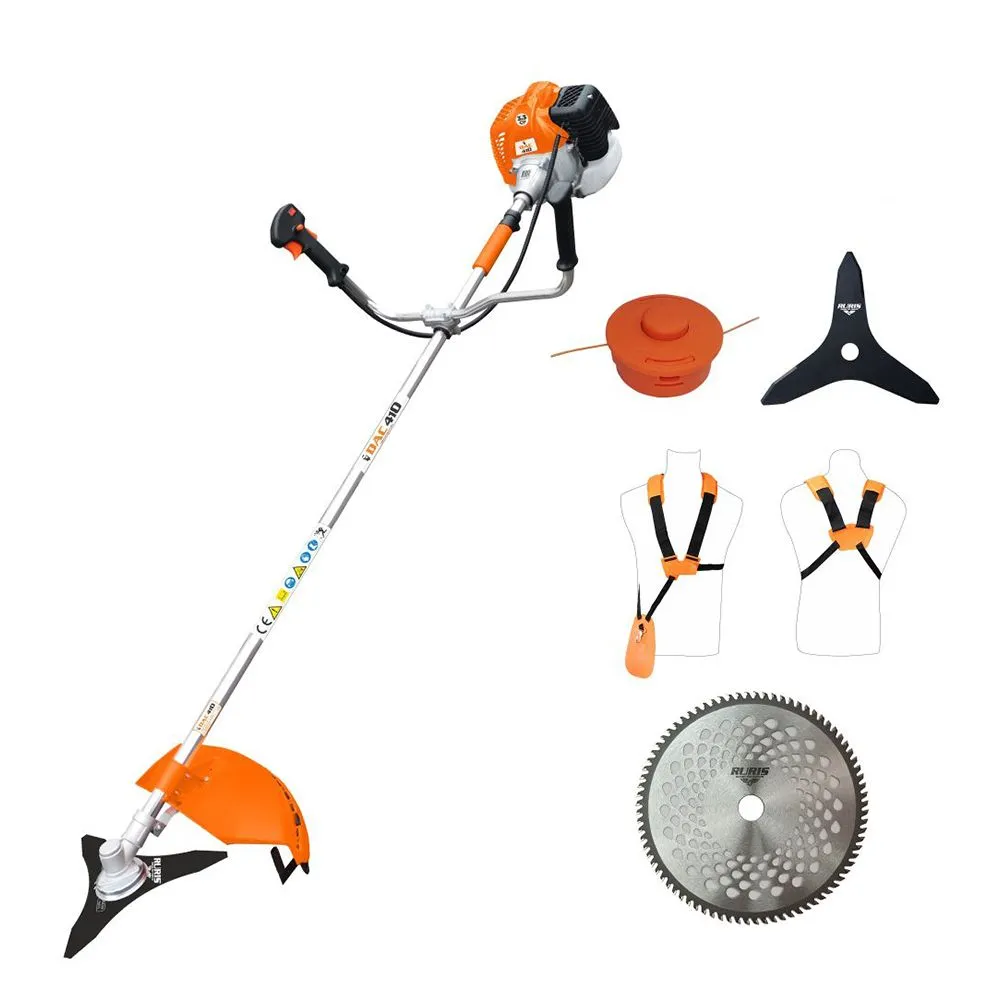 Motocositoare Ruris Dac 410, putere 3.3 CP, motor Tez, 2 timpi, diametru taiere 20 cm, contine: bobina fir + disc 3 lame + disc 80 dinti,negru-portocaliu