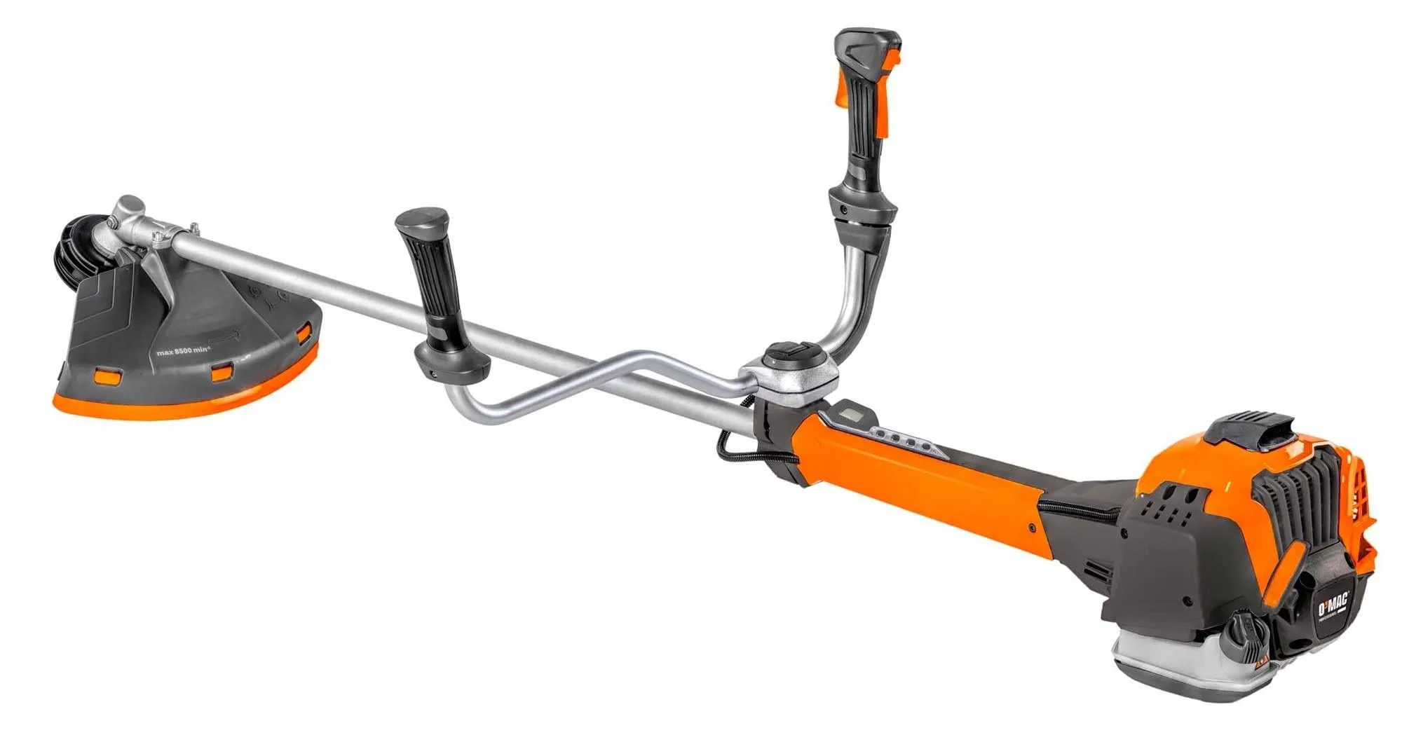 Casa, Gradina & Bricolaj - Motocositoare O-Mac MS 3300 , 3.3 CP putere maxima, 52.8 CC, 2 timpi, demaror manual cu Easy start,pompa amorsare, 45 cm diametru taiere fir, 0.8 l, benzina, negru-portocaliu