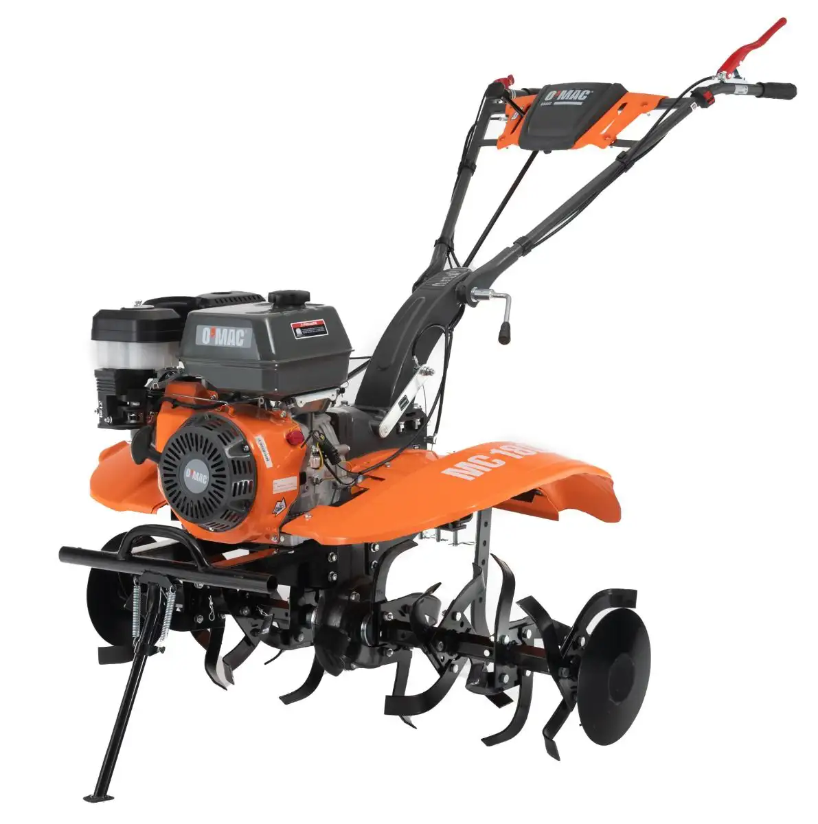 Gradinarit - Motocultor pe benzina O-Mac MC 180, 18 CP, 3 viteze + cu Roti + Plug reglabil + Roti Metalice,negru-portocaliu