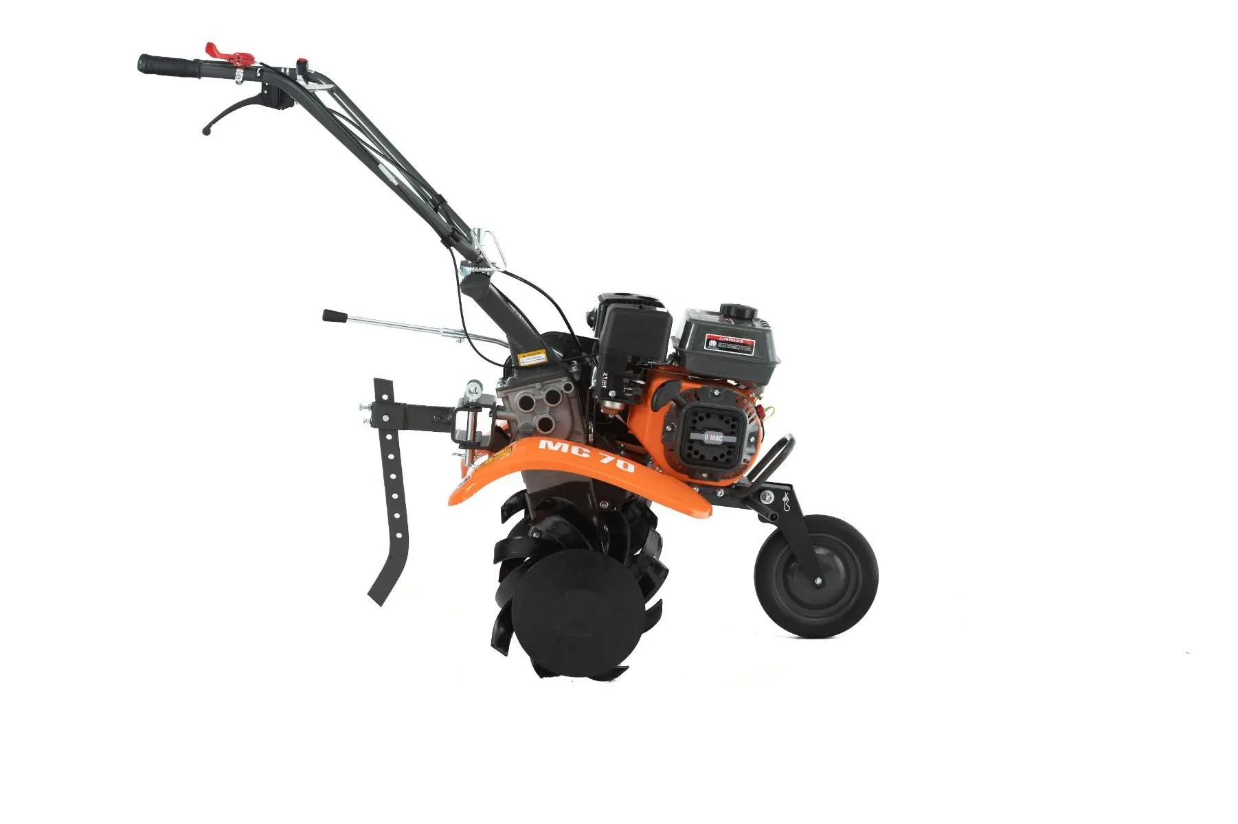 Motocultor pe benzina O-Mac MC 70, putere 7 CP, 212 CC, 4 timpi, 2+1 viteze, 80 cm latime lucru, 36 cm adancime lucru,contine:freze + roti cauciuc + plug + rarita, negru-portocaliu [2]