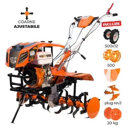 Accesorii motocultoare - Motocultor pe benzina Ruris 915ACC, putere 15 CP, 420 CC, 4 timpi, 2+1 viteze, 110 cm latime lucru, 36 cm adancime lucru, contine: roti cauciuc + rarita + plug reversibil + roti metalice 500 + set con