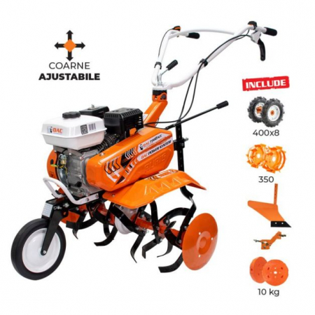 Motosape si motocultoare - Motosapa pe benzina Ruris DAC 7000 ACC 2 + roti cauciuc 4.00-8+plug+adaptor+roti metalice 350 fara manicot 7CP, portocaliu