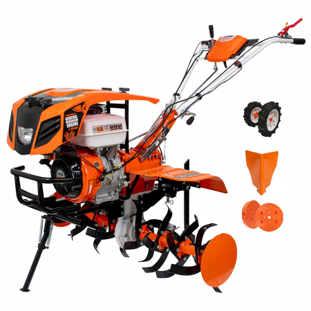 Motocultor pe benzina Ruris 915K + roti cauciuc 5.00-12+rarita+set contragreutati 20kg 15 CP, portocaliu
