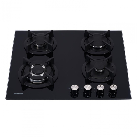 Electrocasnice & Climatizare - Plita incorporabila Heinner HBH-S584WI-GBK, Gaz, 4 Arzatoare, Aprindere electrica, Gratar fonta, WOK, Sticla neagra