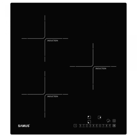 Plita incorporabila inductie Samus PSI-43BG1, latime 45 cm, 5800 W, 3 zone de gatit, Touch control, setari putere in 9 trepte, sticla neagra
