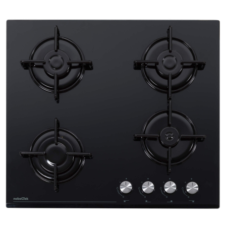Plita incorporabila Nobeltek NHBG-6400BK, Gaz, 4 arzatoare, Sticla, Aprindere electrica, Gratar emailat rotund, Negru