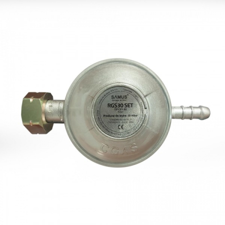 Set regulator de joasa presiune Samus RGS30,Gaz: Butan,Tip: C31-30,Cu o treapta,Capacitate: 1,5 kg/h,Presiune de intrare: 0,3 - 7,5 bar,Presiune de iesire: 30 mbar