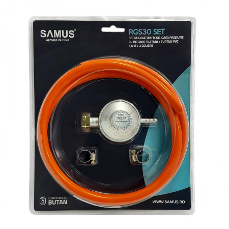 Set regulator de joasa presiune Samus RGS30,Gaz: Butan,Tip: C31-30,Cu o treapta,Capacitate: 1,5 kg/h,Presiune de intrare: 0,3 - 7,5 bar,Presiune de iesire: 30 mbar