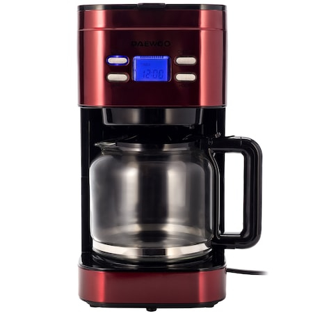 Cafetiera Daewoo DCM1000R, 1000 W, 1.5 l, Filtru permanent, Timer 24 ore, Indicator nivel apa, Design ergonomic, Rosu Negru