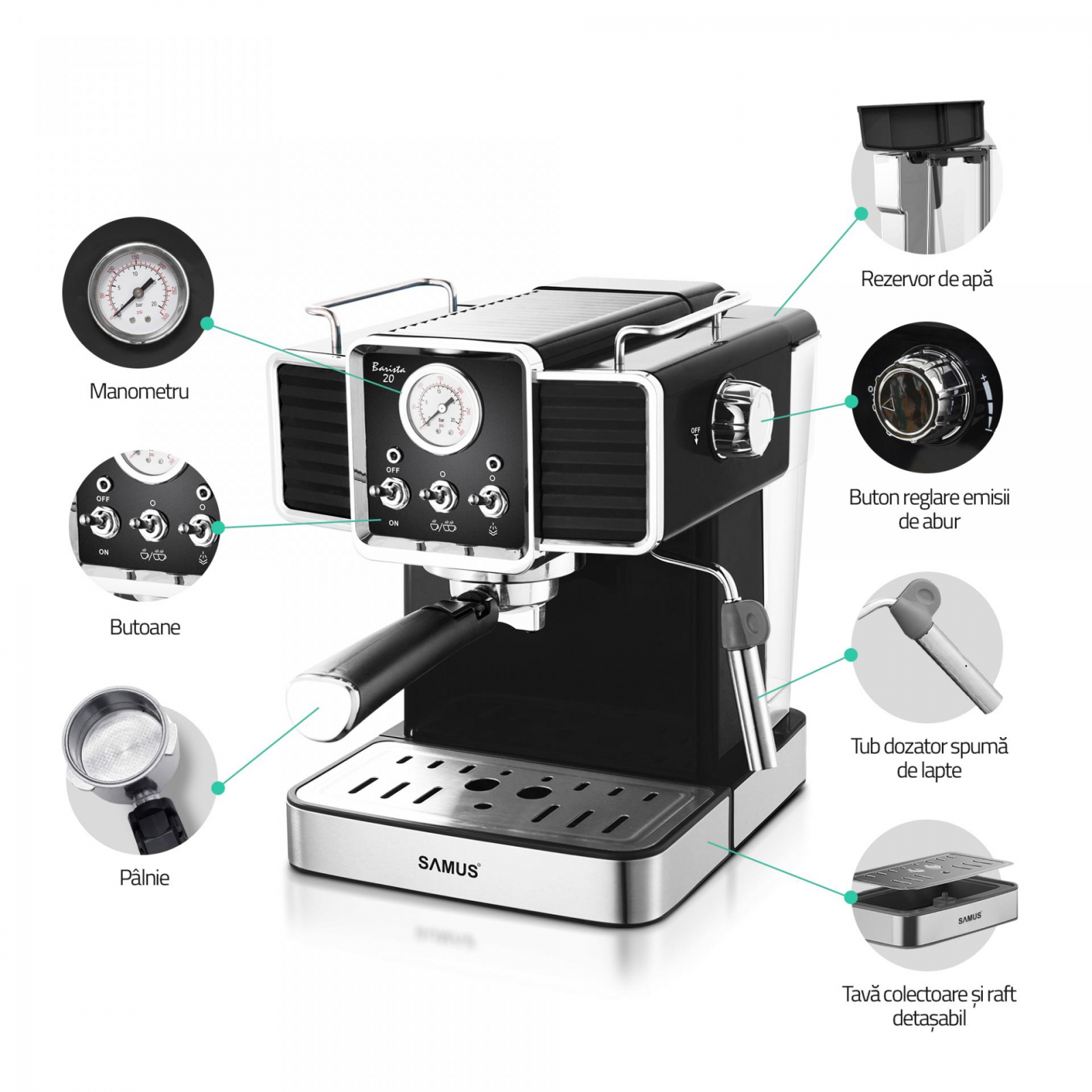 Espressor manual Samus BARISTA 20,1350 W,Presiune abur 20 bari,Rezervor de apa 1.5 l,Indicator presiune analogic,Dispozitiv spumare a laptelui,cafea