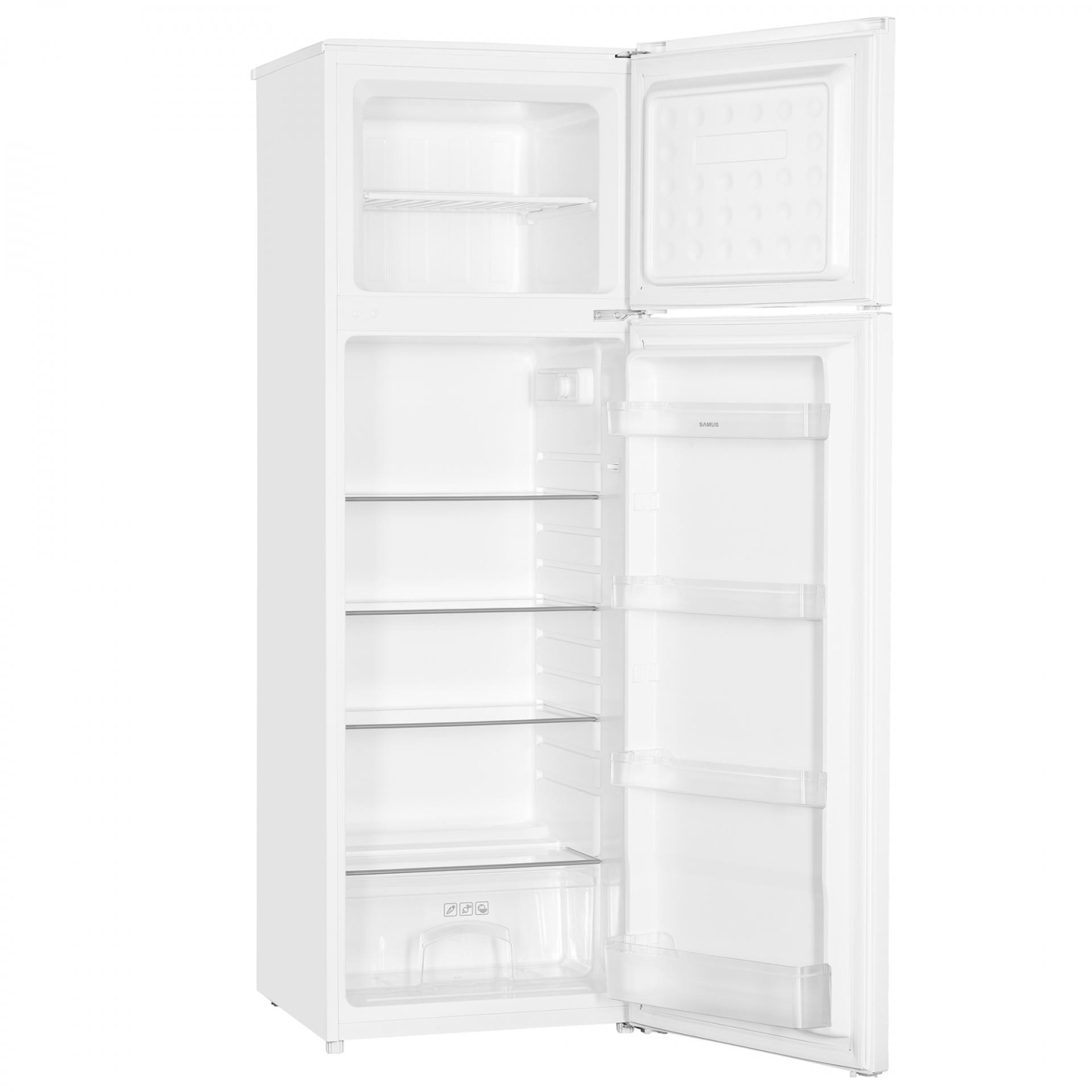 Frigidere - FRIGIDER SAMUS SW346E, CU 2 UȘI ȘI 4 RAFTURI, 248 LITRI, CLASĂ E, ALB, ÎNĂLȚIME 165 CM, MOTOR INVERTER, TERMOSTAT REGLABIL, DEZGHEȚARE AUTOMATĂ LA FRIGIDER, UȘI REVERSIBILE, PICIOARE REGLABILE