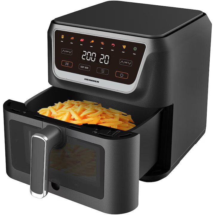 Electrocasnice & Climatizare - Friteuza cu aer cald Heinner CrispPro Chef HAF-H8BK1700, 1700W, capacitate: 8L, display digital, control touch, 8 programe, fereastra supraveghere, negru