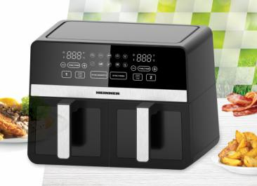 Aparate de gatit - FRITEUZA DUBLA CU AER CALD HEINNER SIMCOOK HAF-K10DB24BK, 2400W, CAPACITATE TOTALA: 9.5L, TERMOSTAT AJUSTABIL CU DISPLAY LED, CONTROL DIGITAL INDIVIDUAL, 10 PROGRAME PRESETATE, FUNCTIE DECONGELARE, TI