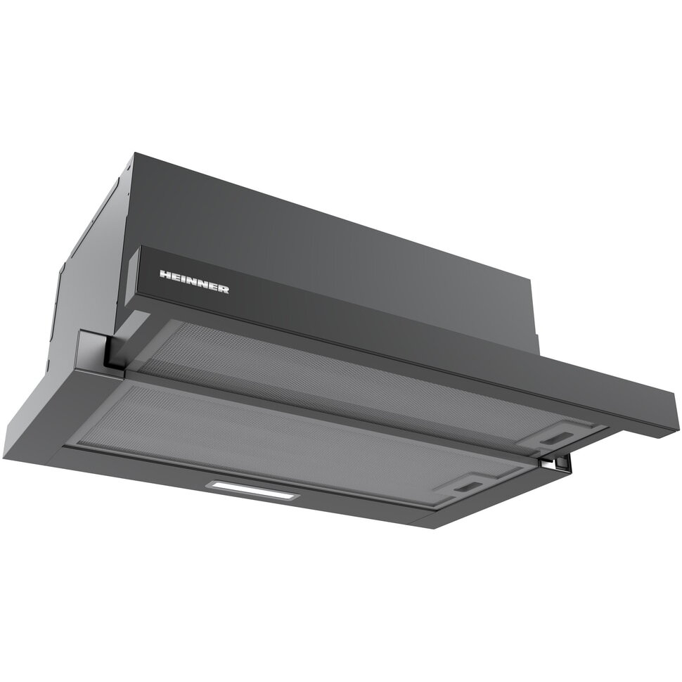 Hota - Hota telescopica Heinner HTCH-MD600GBK, 60cm, 630 m3/h, 2 trepte de viteza, motor: 1 x 215w, lumina led: 1 x 1.5w, 2 filtre aluminiu, diametru tub de evacuare: 150 mm, negru+sticla