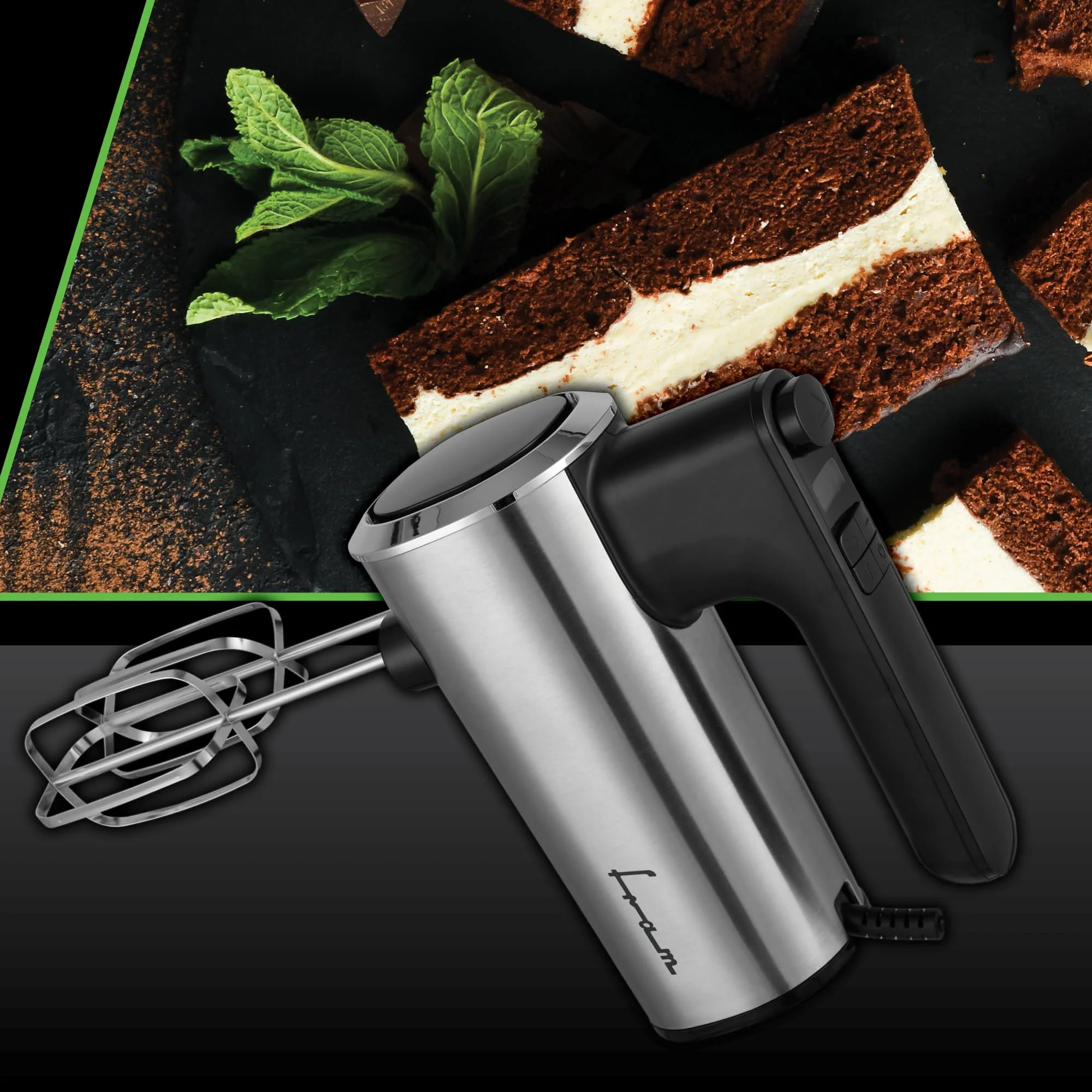 Electrocasnice & Climatizare - Mixer de mana Fram FHM-4006DSS, 400 W, 6 Viteze + Turbo, Ecran LCD, Teluri si carlige inox Negru/Inox