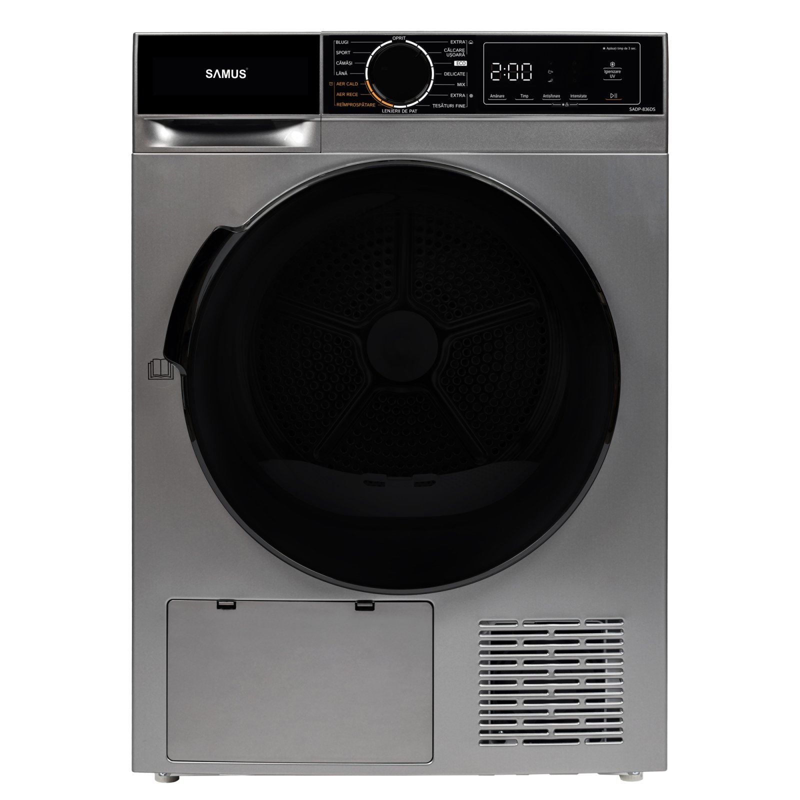 Electrocasnice & Climatizare - USCĂTOR DE RUFE CU POMPĂ DE CĂLDURĂ SAMUS SADP-836DS, 8 KG, 15 PROGRAME, IGIENIZARE UV, PORNIRE ÎNTÂRZIATĂ, CLASĂ D, GRI ÎNCHIS