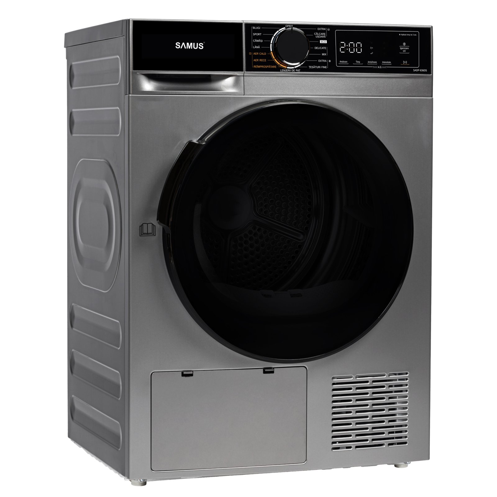 Electrocasnice & Climatizare - USCĂTOR DE RUFE CU POMPĂ DE CĂLDURĂ SAMUS SADP-836DS, 8 KG, 15 PROGRAME, IGIENIZARE UV, PORNIRE ÎNTÂRZIATĂ, CLASĂ D, GRI ÎNCHIS