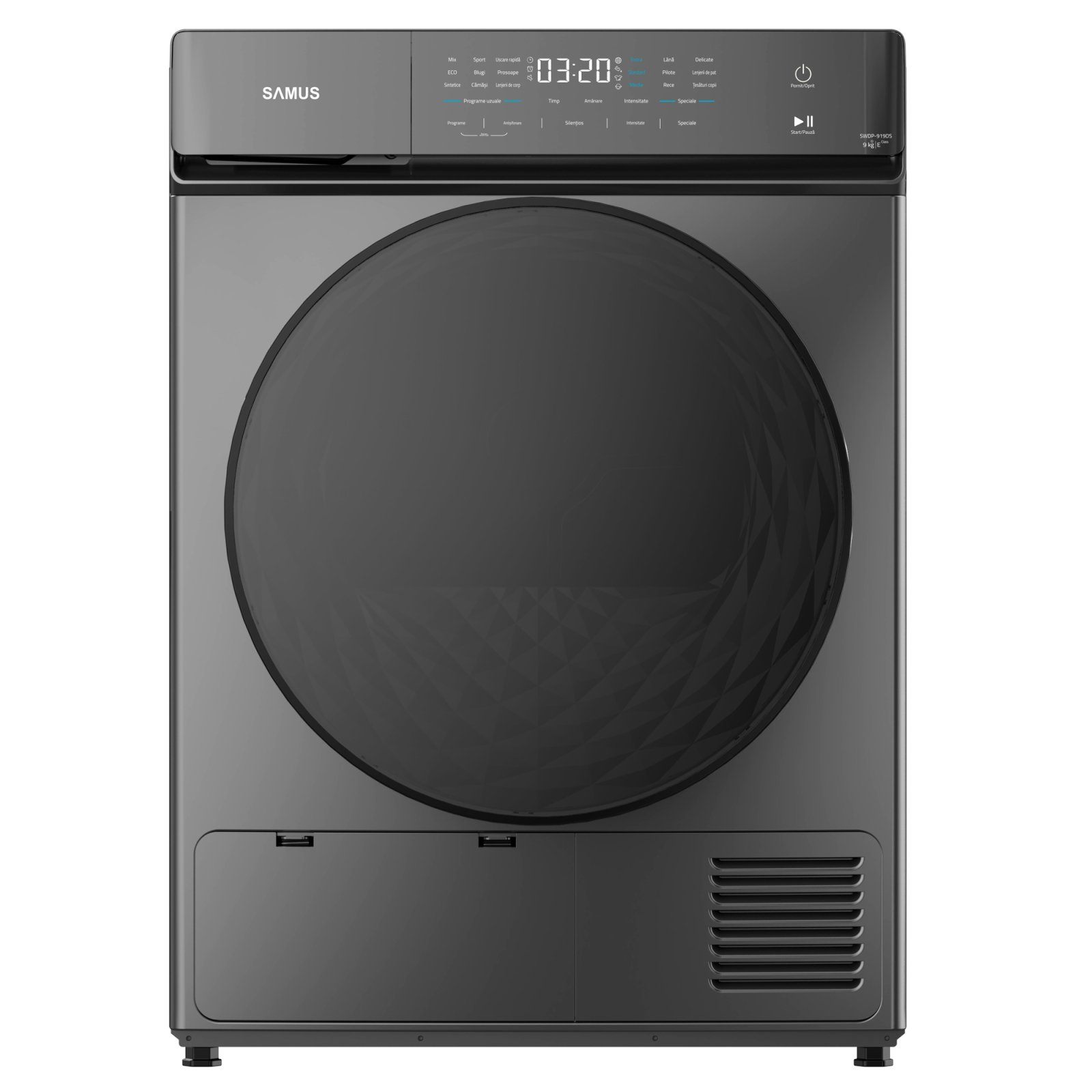 Electrocasnice & Climatizare - USCĂTOR DE RUFE SAMUS SWDP-919DS, 8 KG, TIP PROCEDURĂ USCARE: POMPĂ DE CĂLDURĂ, 18 PROGRAME, CLASĂ ENERGETICĂ E, ANTI-SIFONARE, BLOCARE ACCES COPII, GRI ÎNCHIS