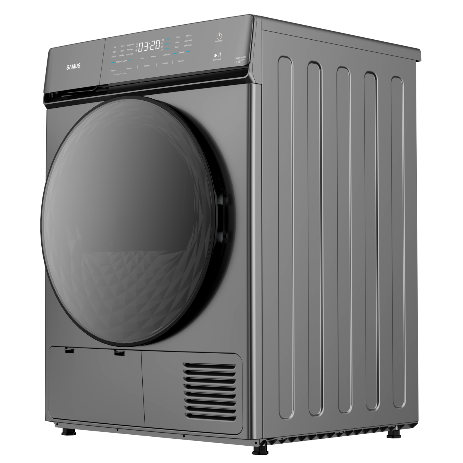 Electrocasnice & Climatizare - USCĂTOR DE RUFE SAMUS SWDP-919DS, 8 KG, TIP PROCEDURĂ USCARE: POMPĂ DE CĂLDURĂ, 18 PROGRAME, CLASĂ ENERGETICĂ E, ANTI-SIFONARE, BLOCARE ACCES COPII, GRI ÎNCHIS