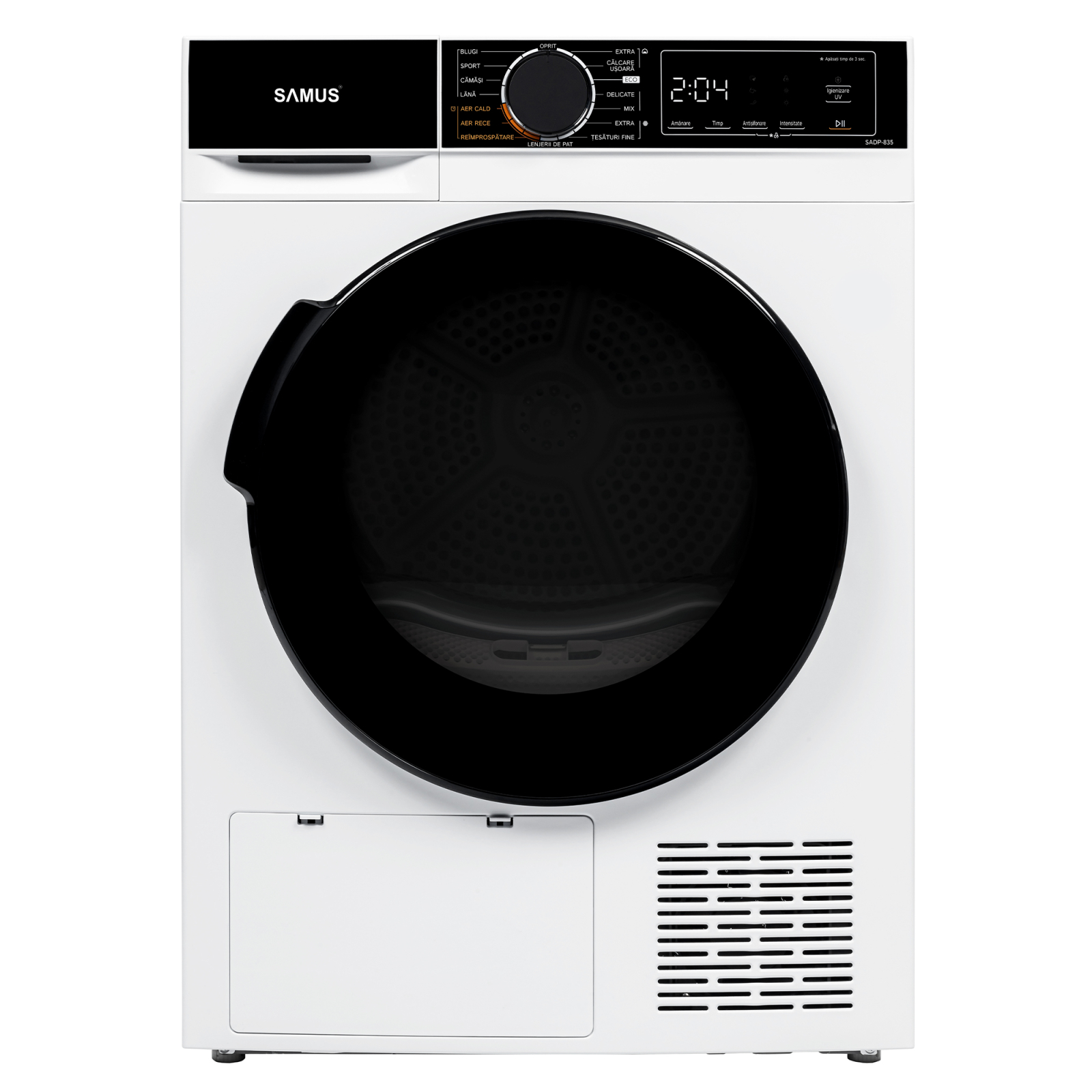 Electrocasnice & Climatizare - USCĂTOR RUFE AUTOMAT SAMUS SADP-835, POMPĂ DE CĂLDURĂ, 8 KG, CLASĂ D, LĂȚIME 60 CM, ANTISIFONARE, IGIENIZARE UV, BLOCARE ACCES COPII, PORNIRE ÎNTÂRZIATĂ, ALB