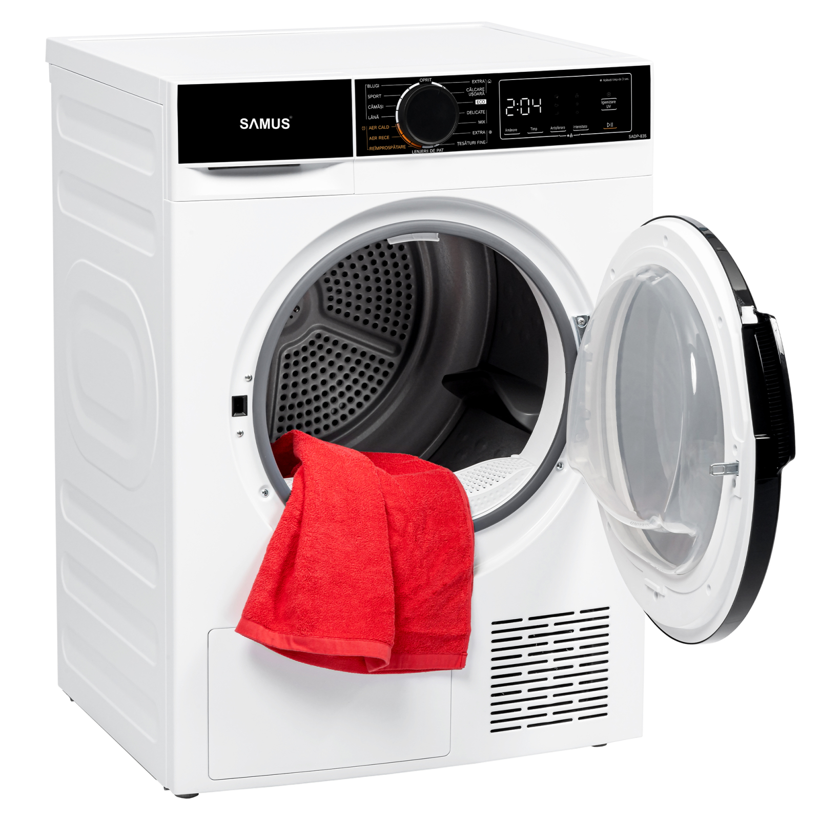 Electrocasnice & Climatizare - USCĂTOR RUFE AUTOMAT SAMUS SADP-835, POMPĂ DE CĂLDURĂ, 8 KG, CLASĂ D, LĂȚIME 60 CM, ANTISIFONARE, IGIENIZARE UV, BLOCARE ACCES COPII, PORNIRE ÎNTÂRZIATĂ, ALB