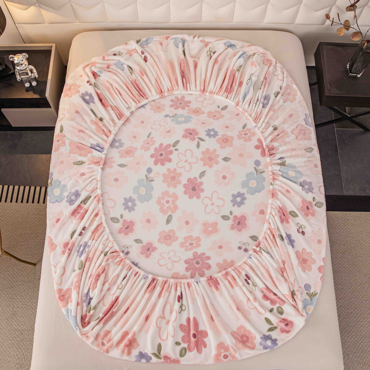 Husa de Pat Cocolino cu Elastic si 2 Fete de Perna 50x70cm,180x200cm,Roz cu Floricele-D164 [3]