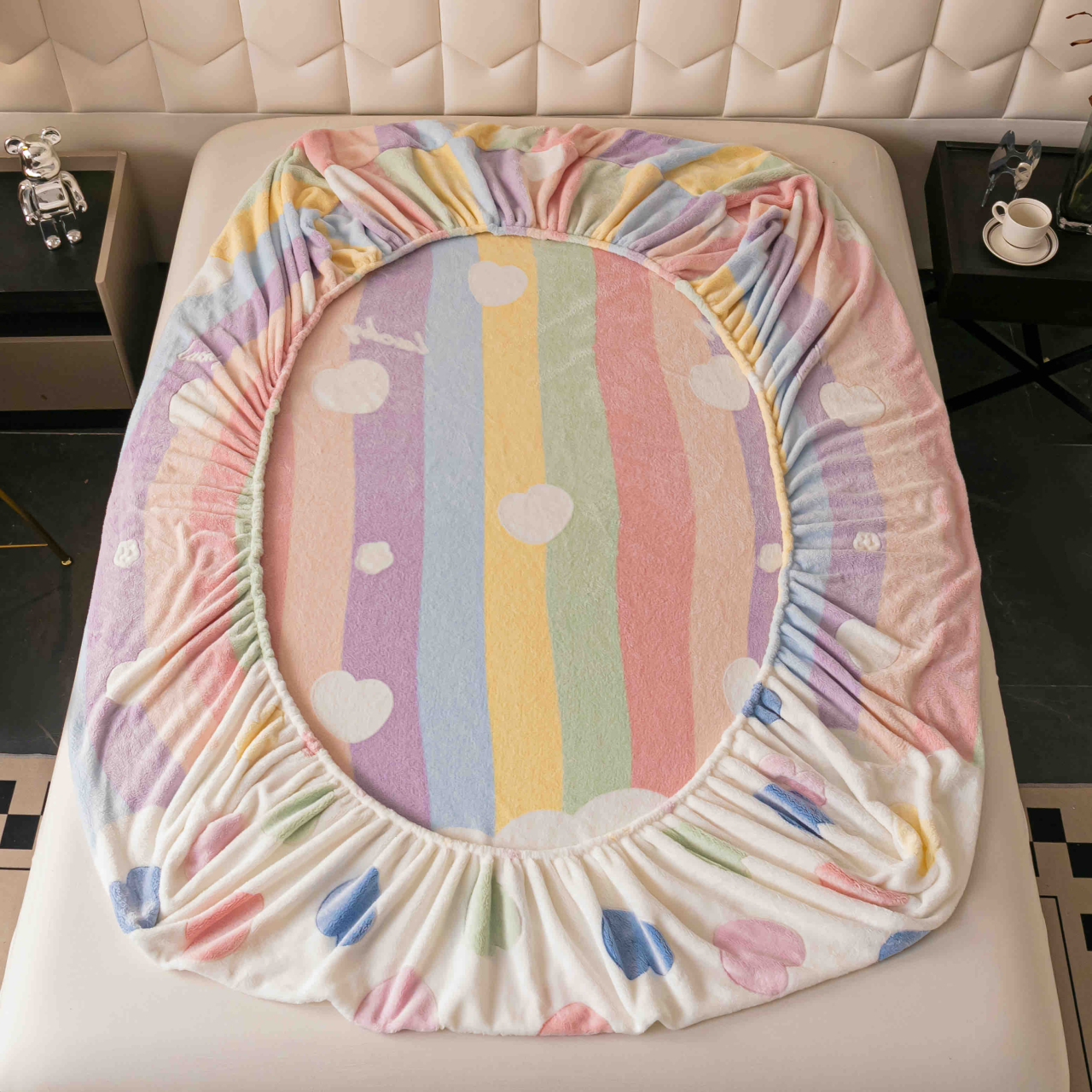 Husa de Pat Cocolino cu Elastic si 2 Fete de Perna 50x70cm,180x200cm,Crem cu Inimioare-D152 [3]