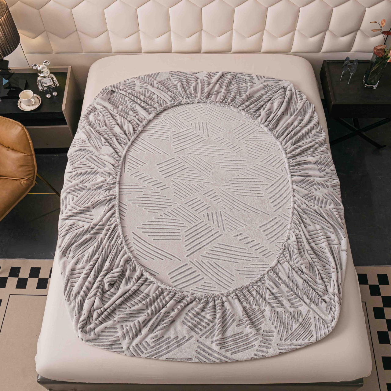 Husa de Pat Cocolino cu Elastic si 2 Fete de Perna 50x70cm,180x200cm,Gri cu Dungi-D148 [3]