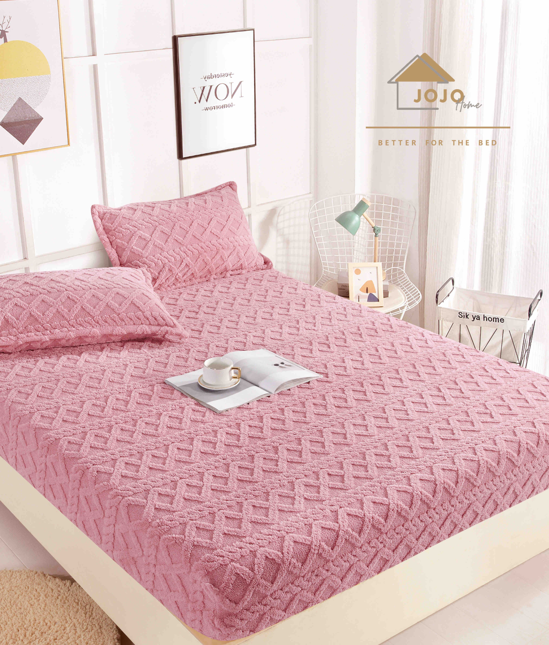 Husa de pat din cocolino,model tricot + 2 fete de perna 50x70cm,roz - D089 [1]