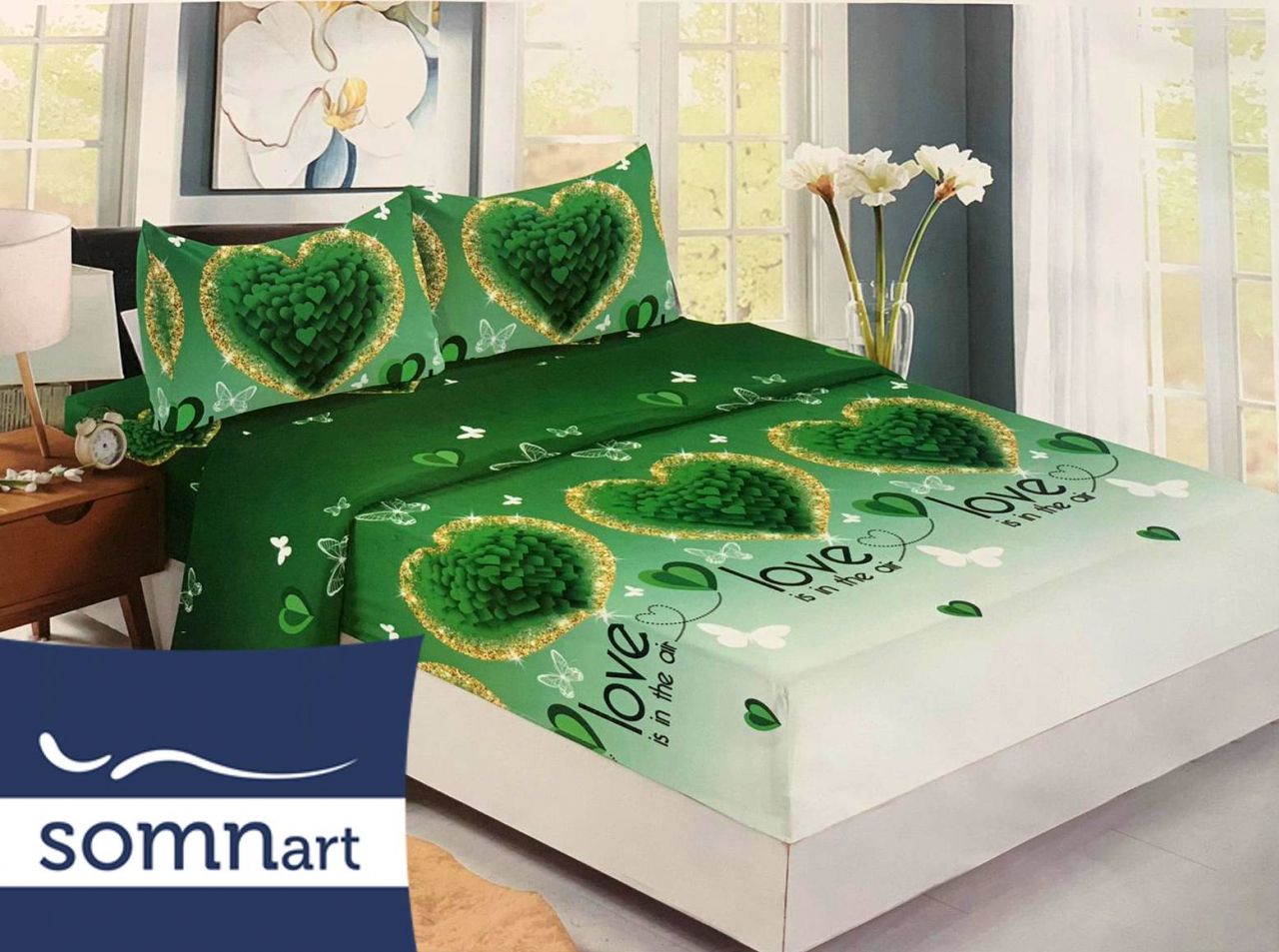 Husa de pat Finet + 2 fete de perna, pentru saltea de 160x200 cm, inimi verzi [2]