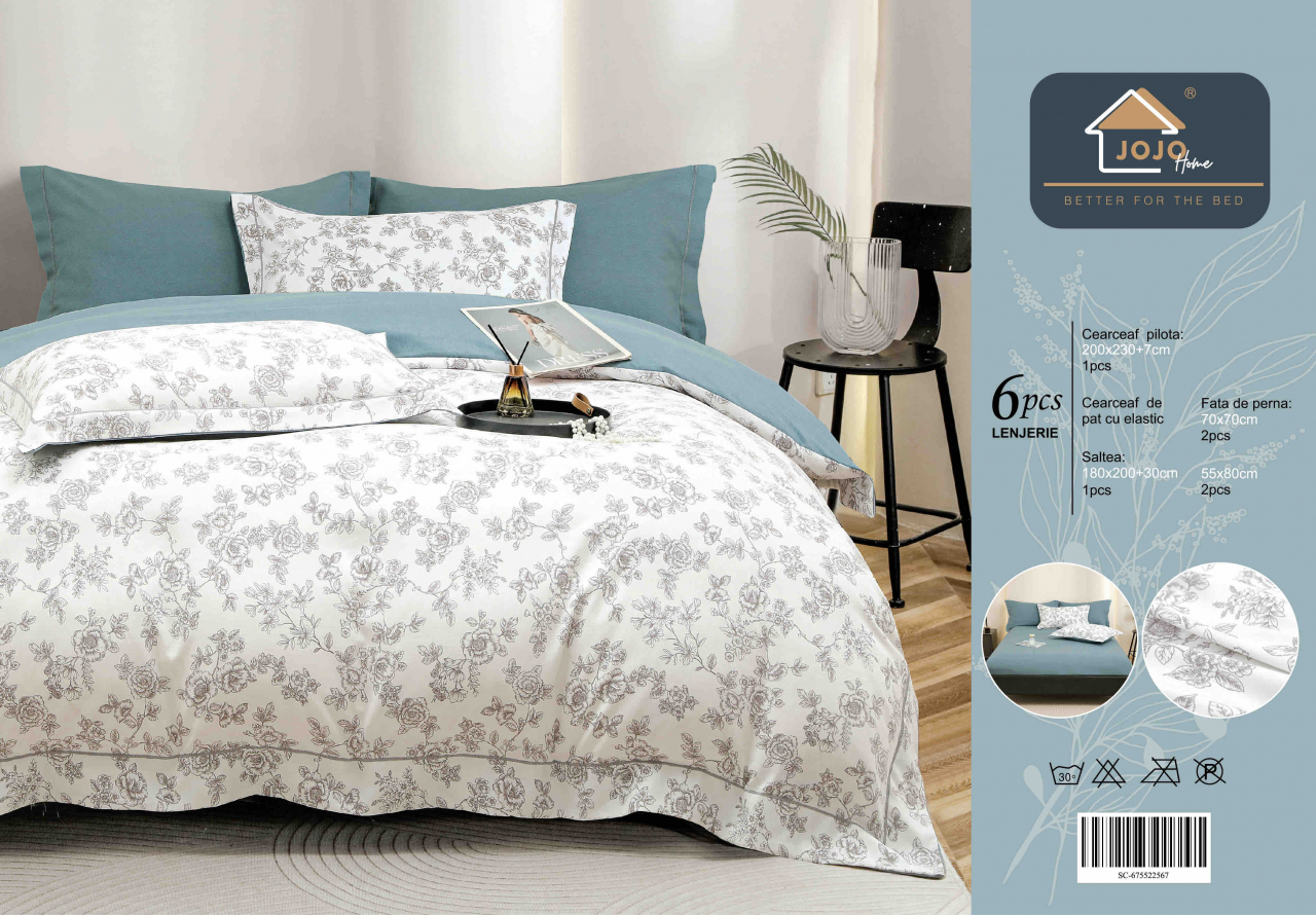 Lenjerie de lux pentru pat dublu,bumbac finet,6 piese,cearceaf cu elastic,alba/albastra cu flori-A999 [2]
