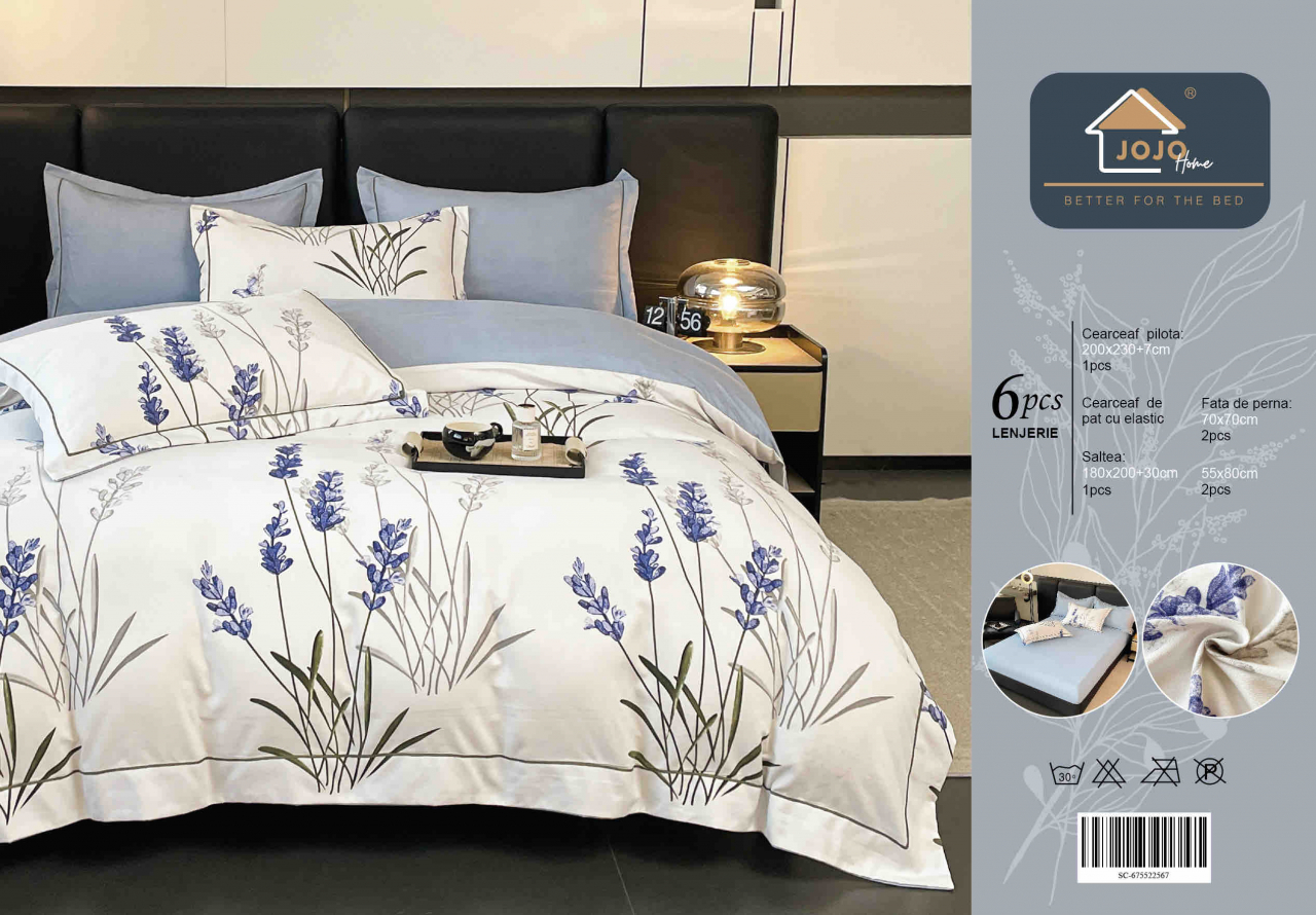 Lenjerie de lux pentru pat dublu,bumbac finet,6 piese,cearceaf cu elastic,alba/lila,imprimeu cu flori-A1004 [2]