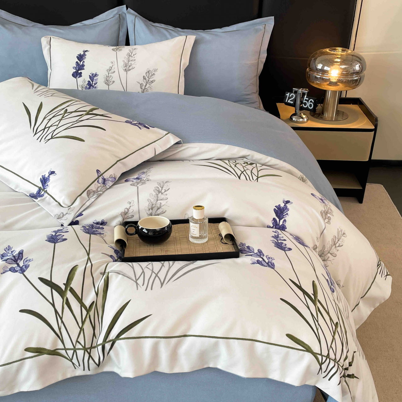 Lenjerie de lux pentru pat dublu,bumbac finet,6 piese,cearceaf cu elastic,alba/lila,imprimeu cu flori-A1004 [7]