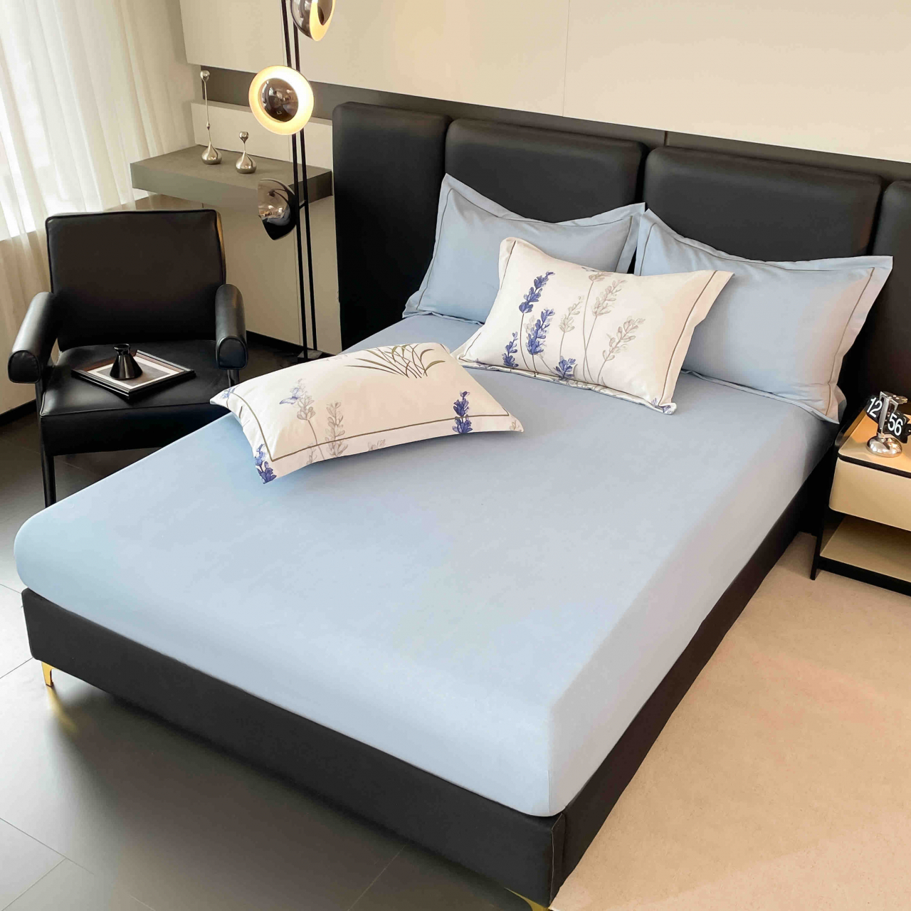 Lenjerie de lux pentru pat dublu,bumbac finet,6 piese,cearceaf cu elastic,alba/lila,imprimeu cu flori-A1004 [8]