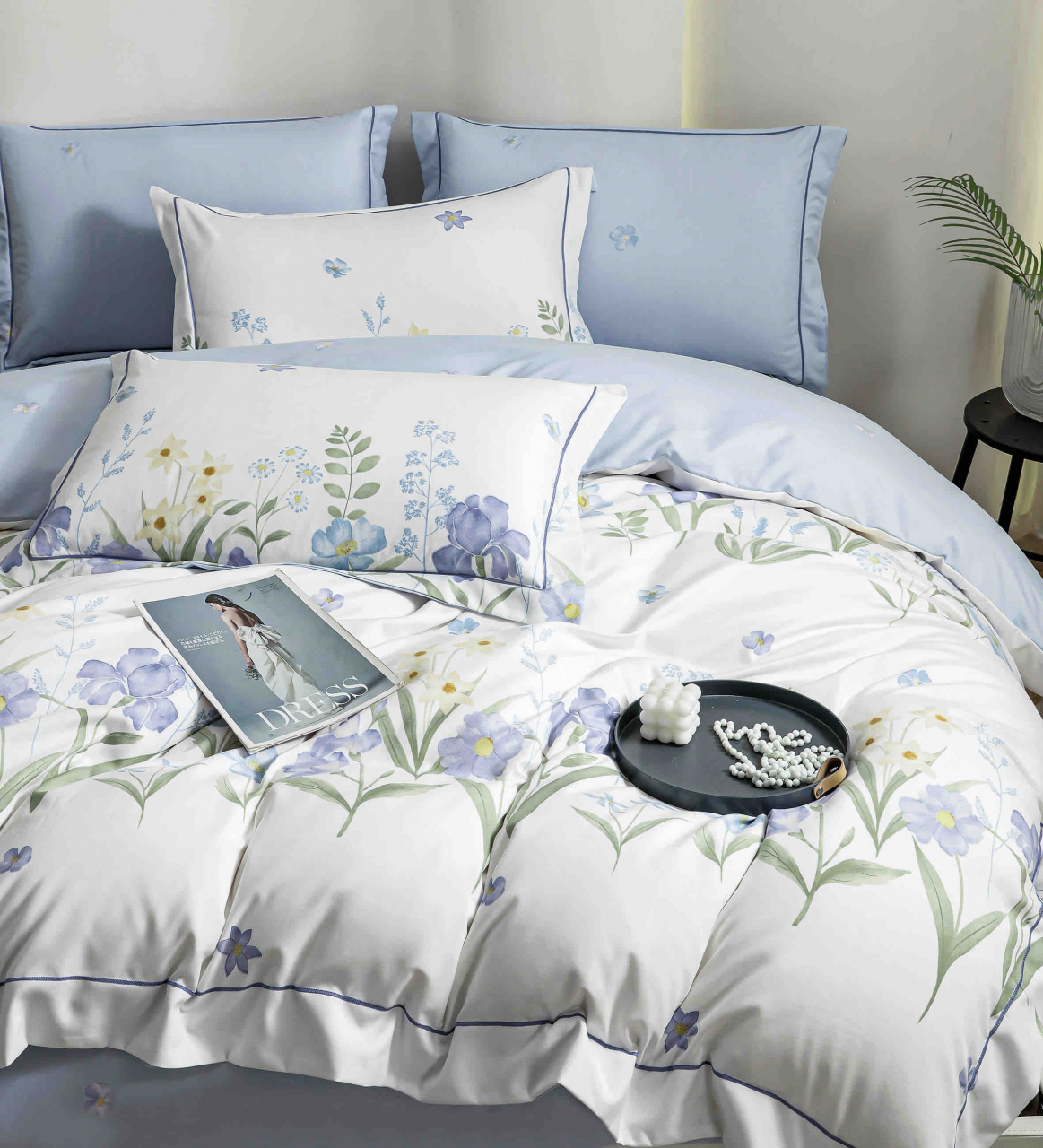 Lenjerie de lux pentru pat dublu,bumbac finet,6 piese,cearceaf cu elastic,alba/lila,imprimeu cu flori albastre-A1006 [5]