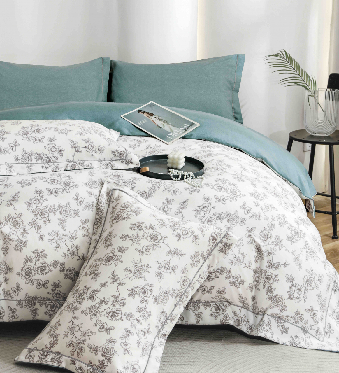 Lenjerie de lux pentru pat dublu,bumbac finet,6 piese,cearceaf cu elastic,alba/verde cu floricele-A994 [5]