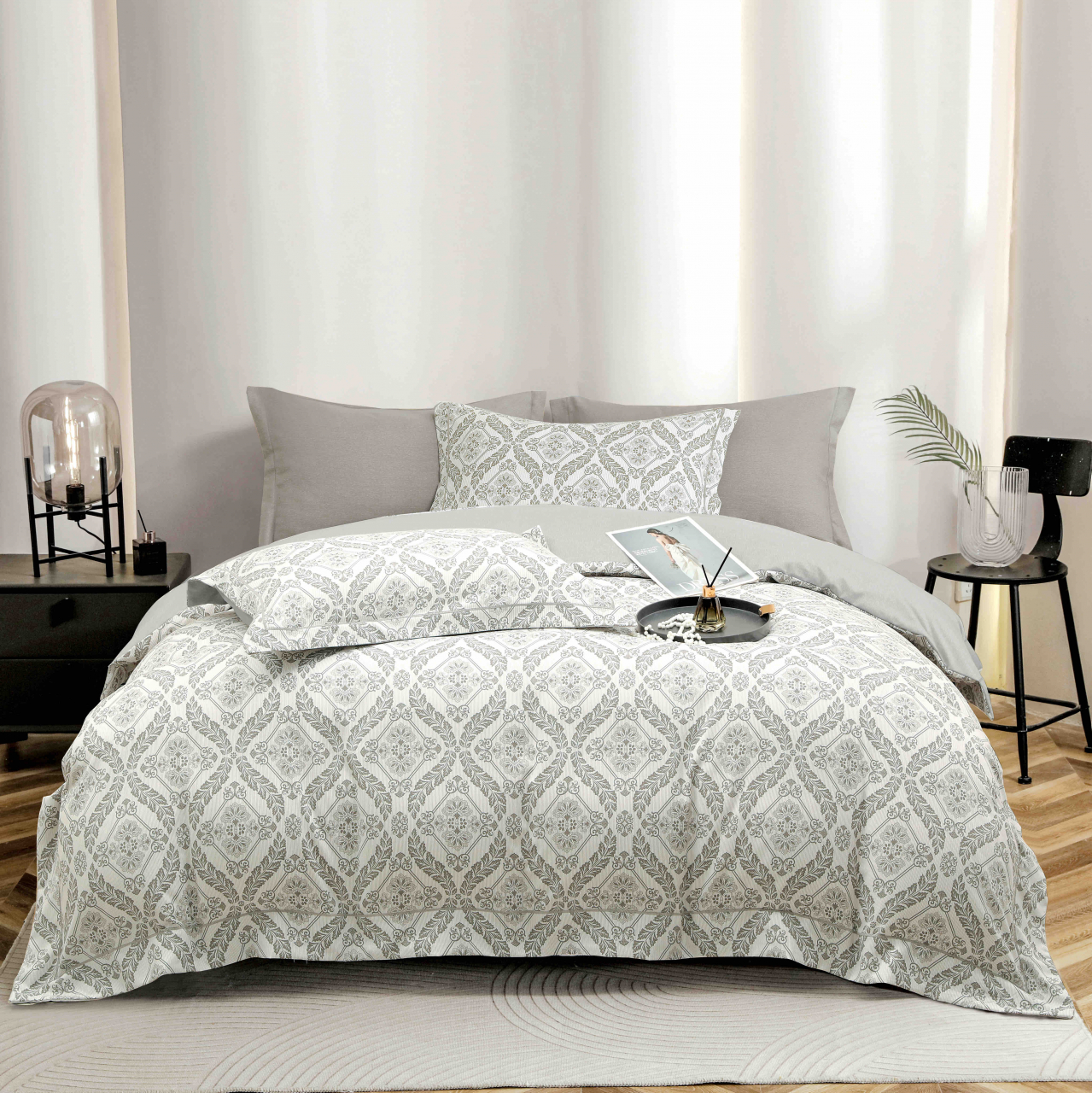 Lenjerie de lux pentru pat dublu,bumbac finet,6 piese,cearceaf cu elastic,alba/gri,model oriental-A996 [1]