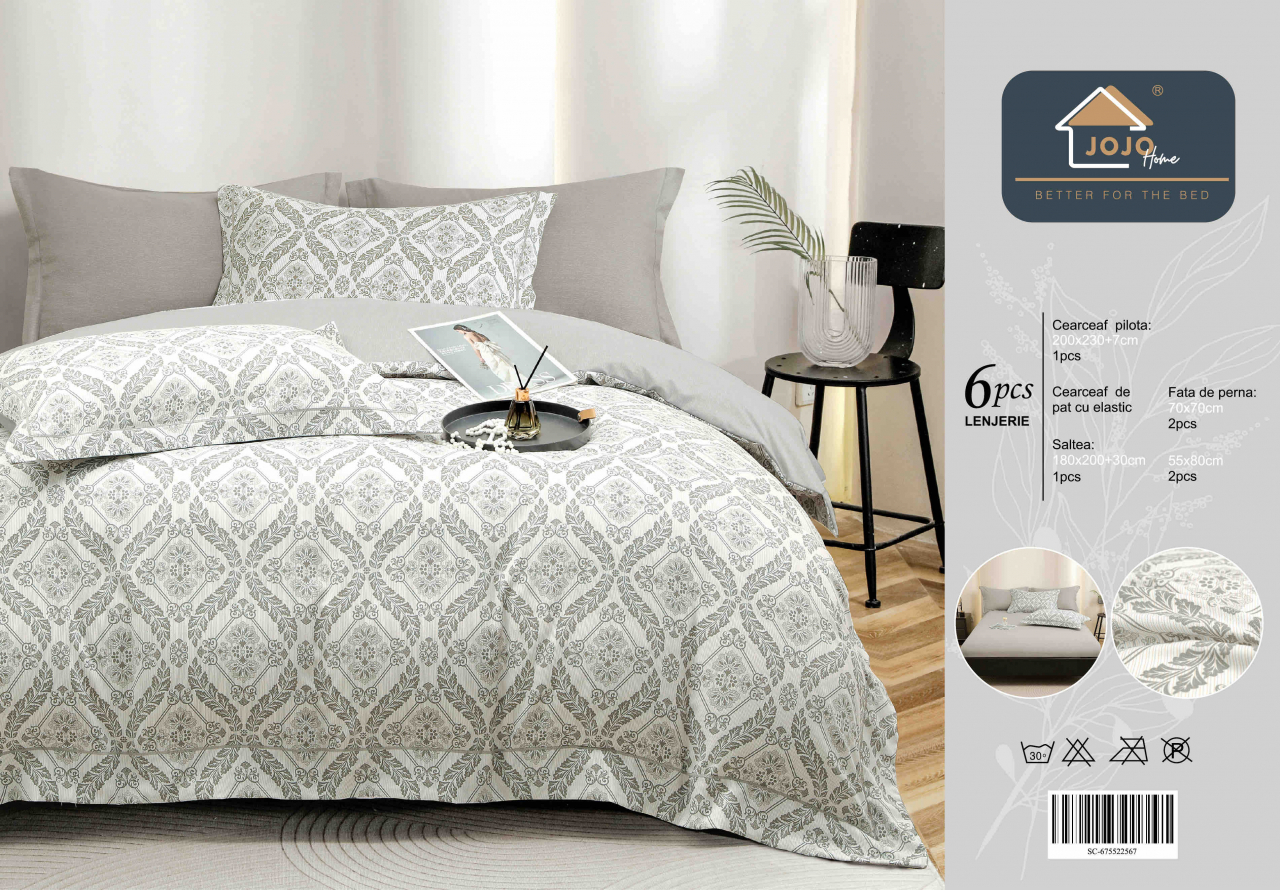 Lenjerie de lux pentru pat dublu,bumbac finet,6 piese,cearceaf cu elastic,alba/gri,model oriental-A996 [2]