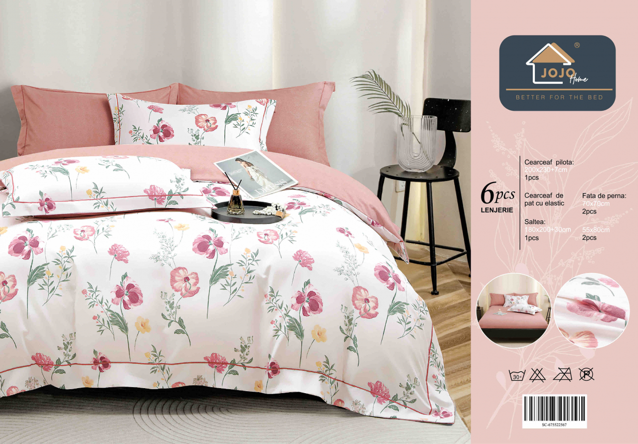 Lenjerie de lux pentru pat dublu,bumbac finet,6 piese,cearceaf cu elastic,alba/roz cu floricele colorate-A995 [2]