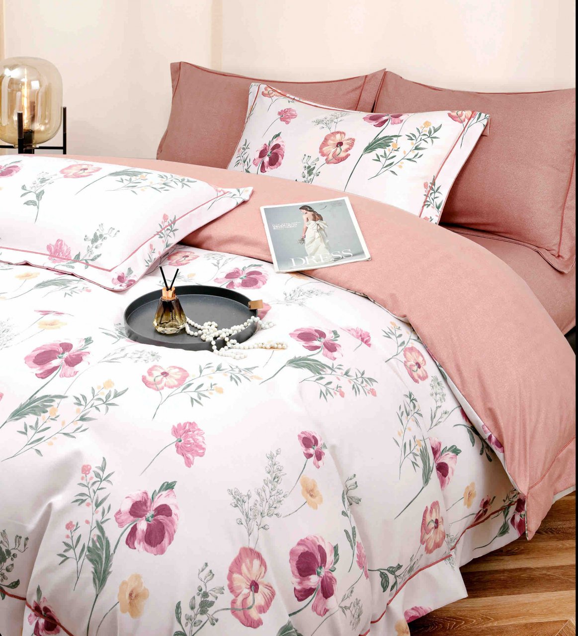 Lenjerie de lux pentru pat dublu,bumbac finet,6 piese,cearceaf cu elastic,alba/roz cu floricele colorate-A995 [6]