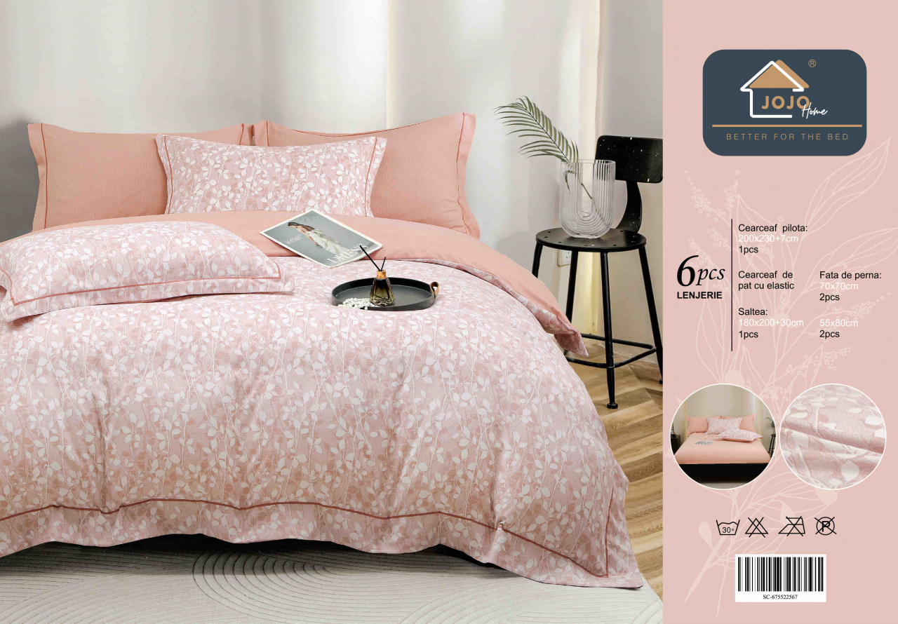 Lenjerie de lux pentru pat dublu,bumbac finet,6 piese,cearceaf cu elastic,roz cu frunze-A992 [2]