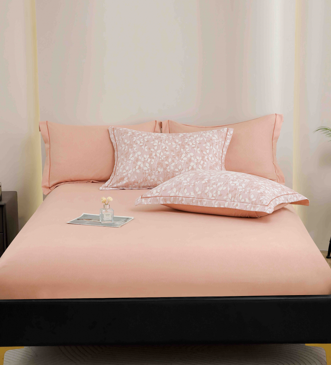 Lenjerie de lux pentru pat dublu,bumbac finet,6 piese,cearceaf cu elastic,roz cu frunze-A992 [8]