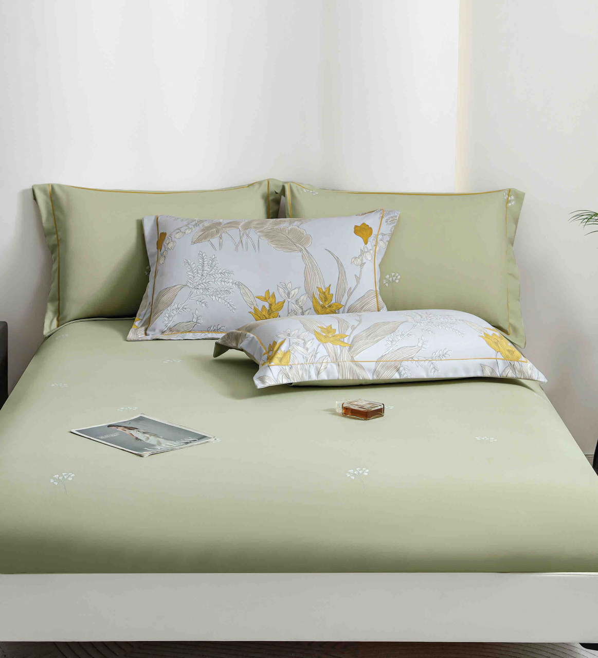 Lenjerie de lux pentru pat dublu,bumbac finet,6 piese,cearceaf cu elastic,alba/verde imprimeu cu flori-A1005 [8]