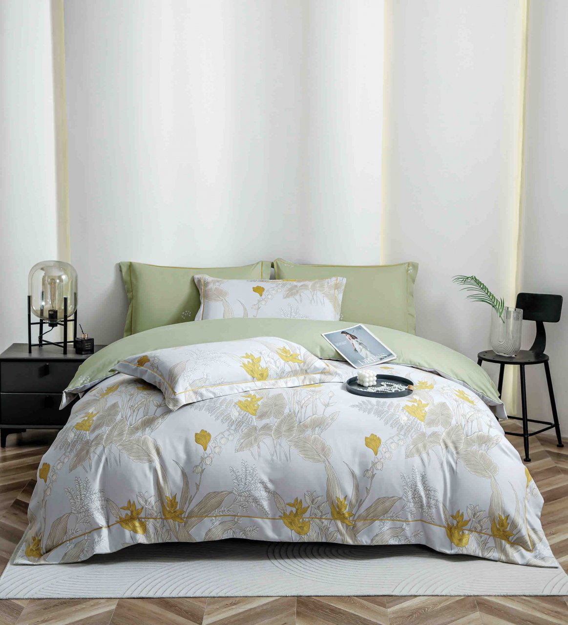 Lenjerie de lux pentru pat dublu,bumbac finet,6 piese,cearceaf cu elastic,alba/verde imprimeu cu flori-A1005 [1]