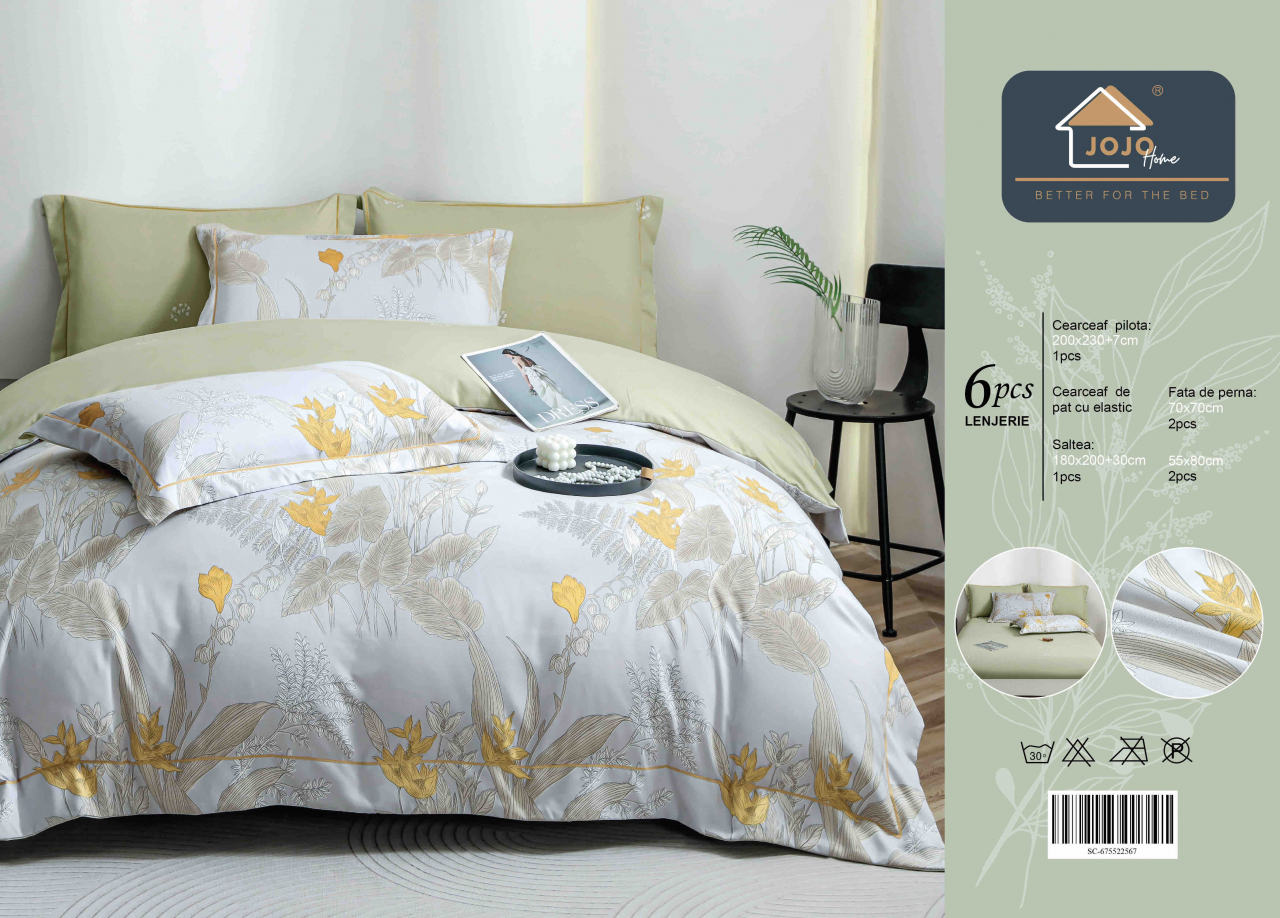 Lenjerie de lux pentru pat dublu,bumbac finet,6 piese,cearceaf cu elastic,alba/verde imprimeu cu flori-A1005 [2]