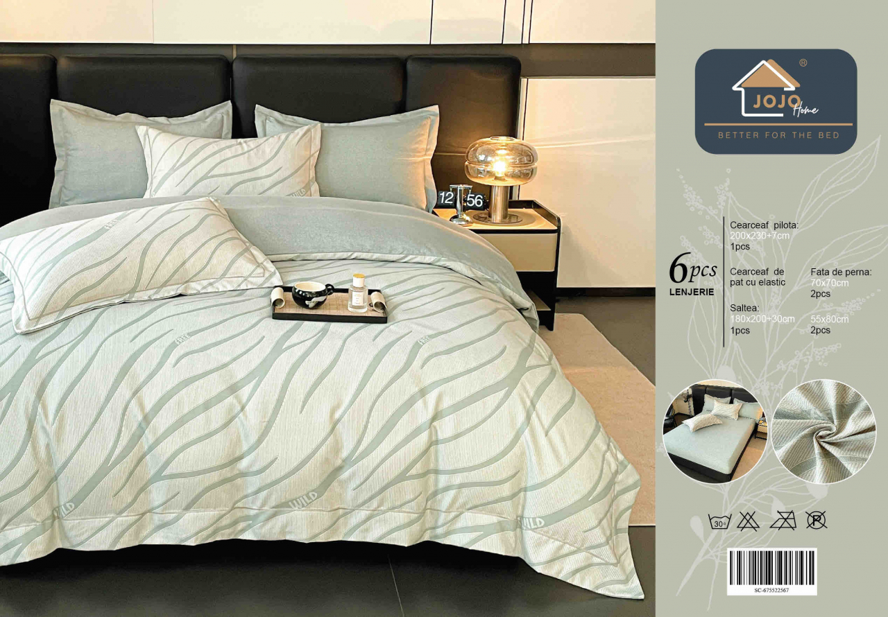 Lenjerie de lux pentru pat dublu,bumbac finet,6 piese,cearceaf cu elastic,alba/gri cu dungi-A998 [2]