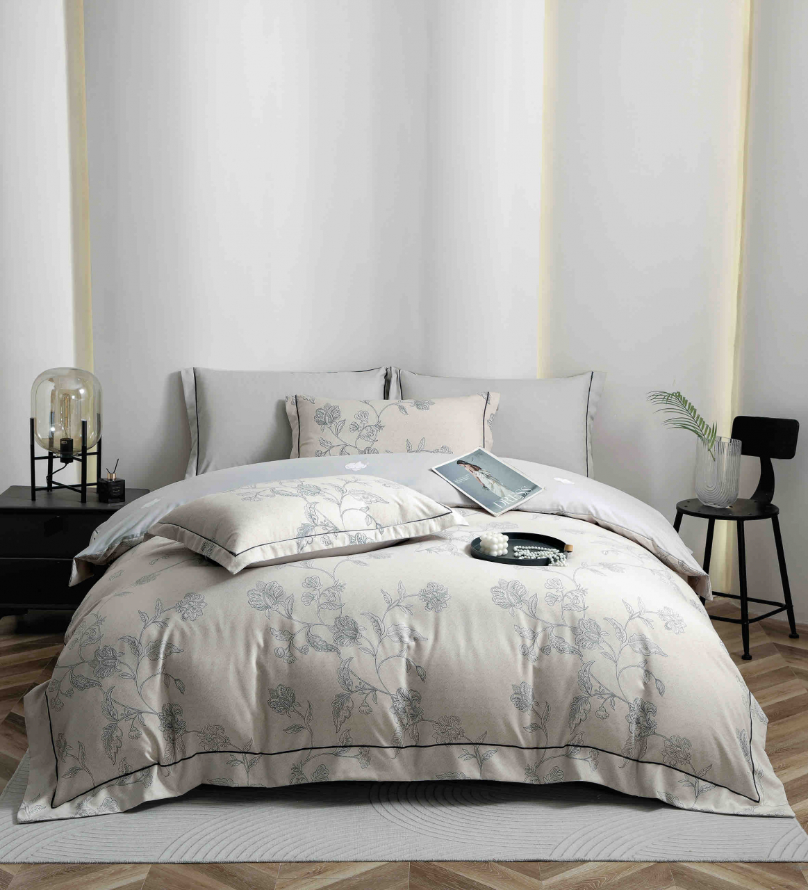 Lenjerie de lux pentru pat dublu,bumbac finet,6 piese,cearceaf cu elastic,gri,imprimeu cu flori-A1007 [1]